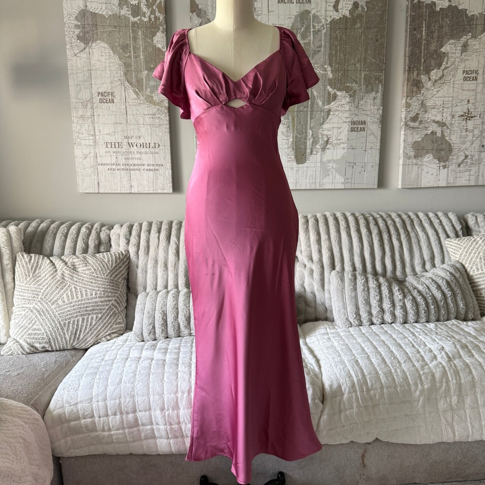 VUBIYA Mauve Pink Satin Flutter Sleeve Open Back Maxi Dress Size S NWT